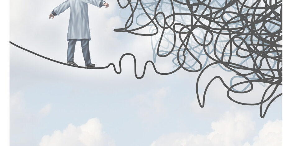 A doctor walking on a wire